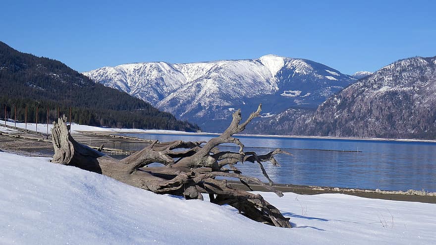 mùa đông, trời xanh, phong cảnh, hồ nước, núi, rễ, tuyết, màu xanh da trời, rừng, cây, Nước đá