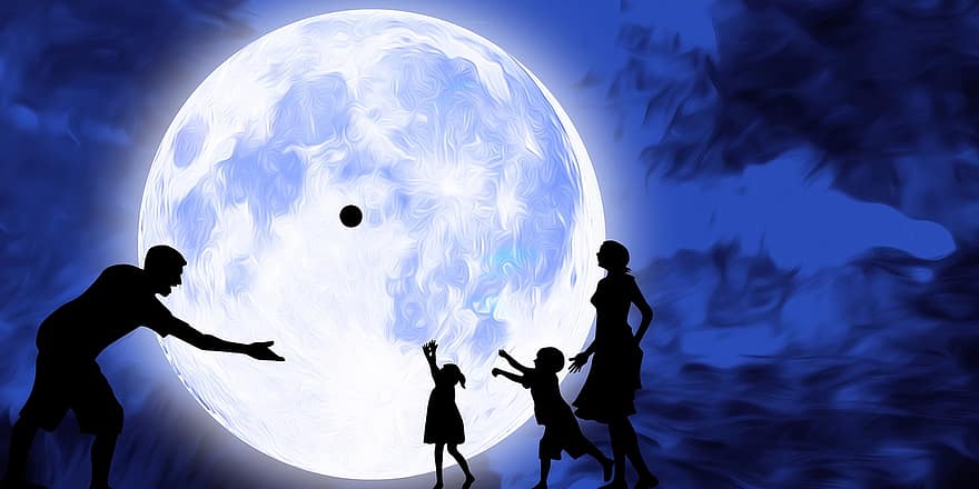 pleine lune, famille, nuit, ciel, galaxie, mère, père, les enfants, ballon, lune, univers