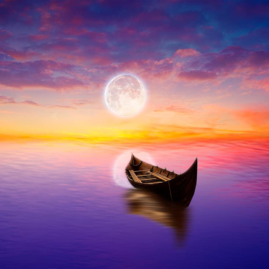 Луна, лодка, море, небо, облака, деревянная лодка, океан, отражение, фотомонтаж, фото манипуляции, фотоискусство