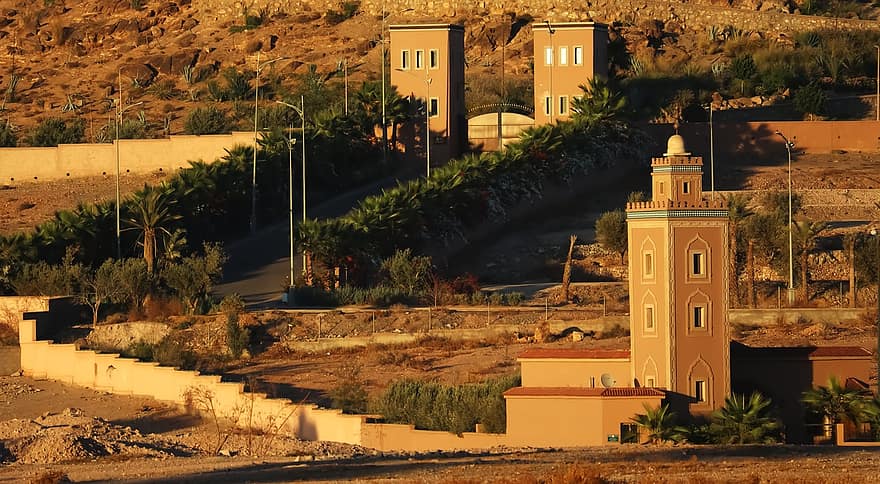 arquitectura, ciutat, sortida del sol, palmeres, mesquita, marroquí, marrakech, religió, lloc famós, cultures, cristianisme