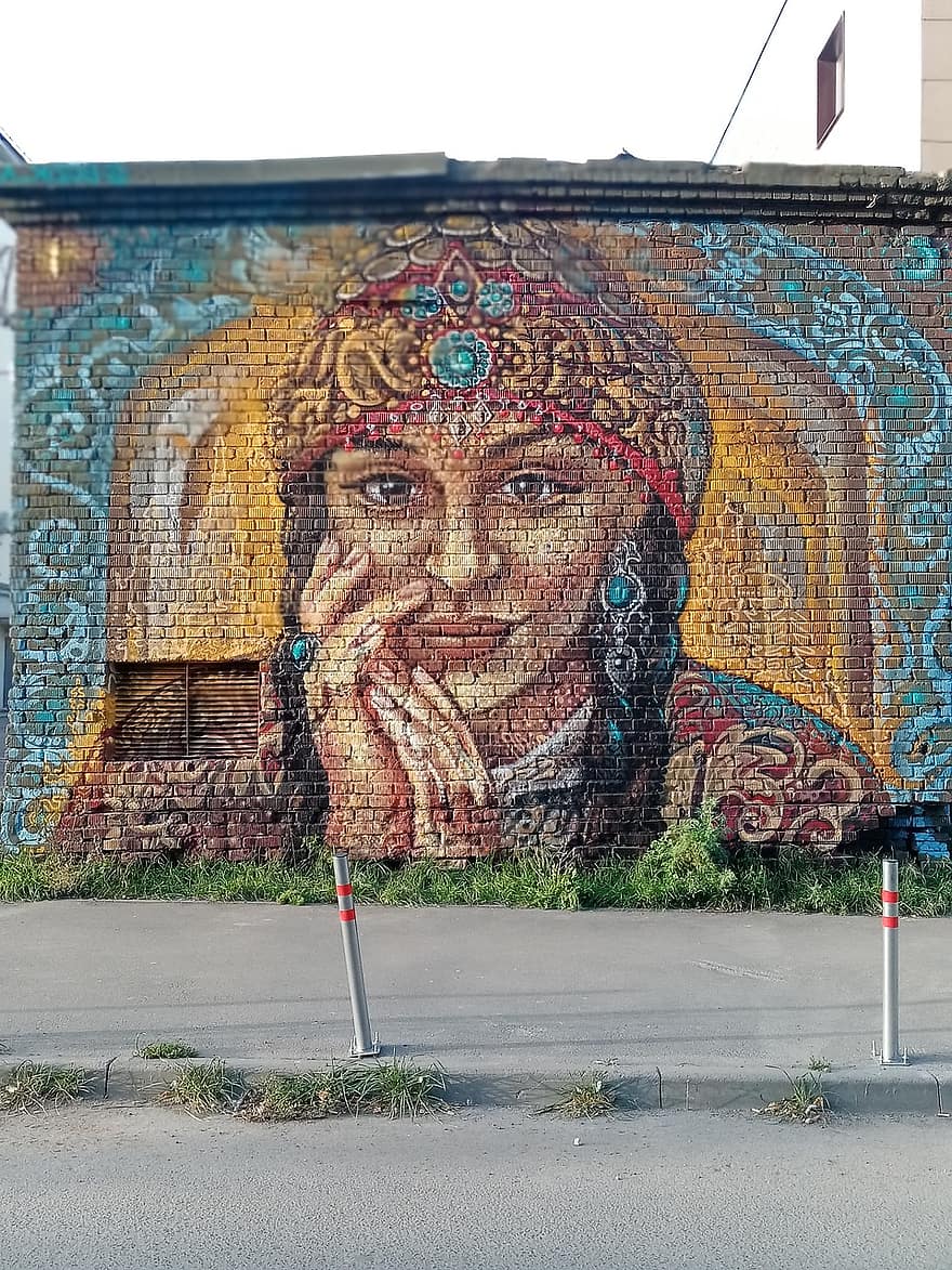 жінка, графіті, стіна, будівлі, вул, фреска, мистецтво, живопис, тротуар