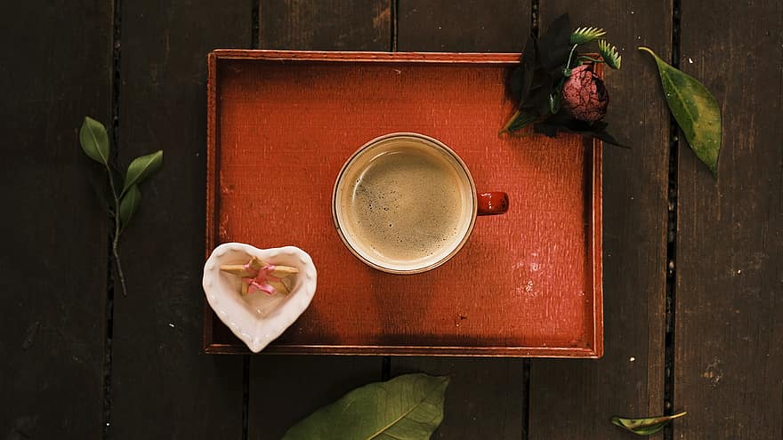 Drink, Coffee, Caffeine, Beverage, Cup, Morning, Tray, Cafe, Flower, wood, leaf
