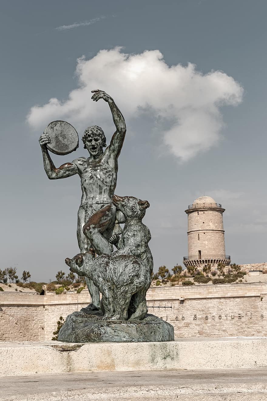 Statue, Schloss, Marseille, Frankreich, Strassenmusiker, Bär, Skulptur, alt, historisch, Gebäude