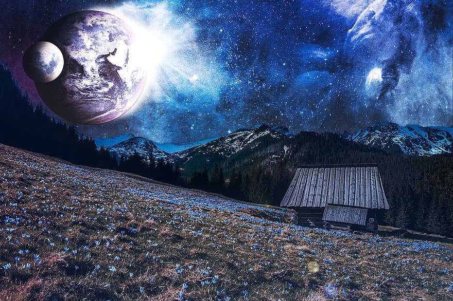 Space, Earth, Nature, Cottage, Cabin, Landscape, Mountains, Forest, Trees, Planet, Universe