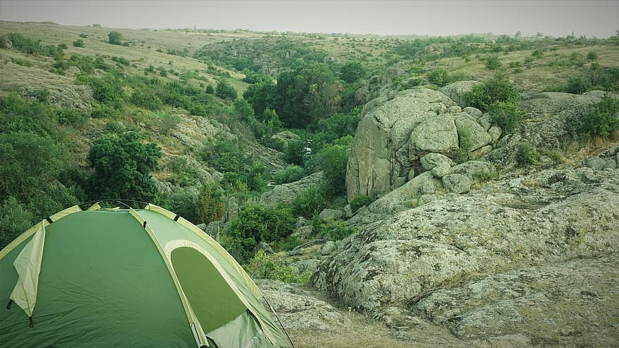 Tent, Camp, Stones, Hills, Mountains, Landscape