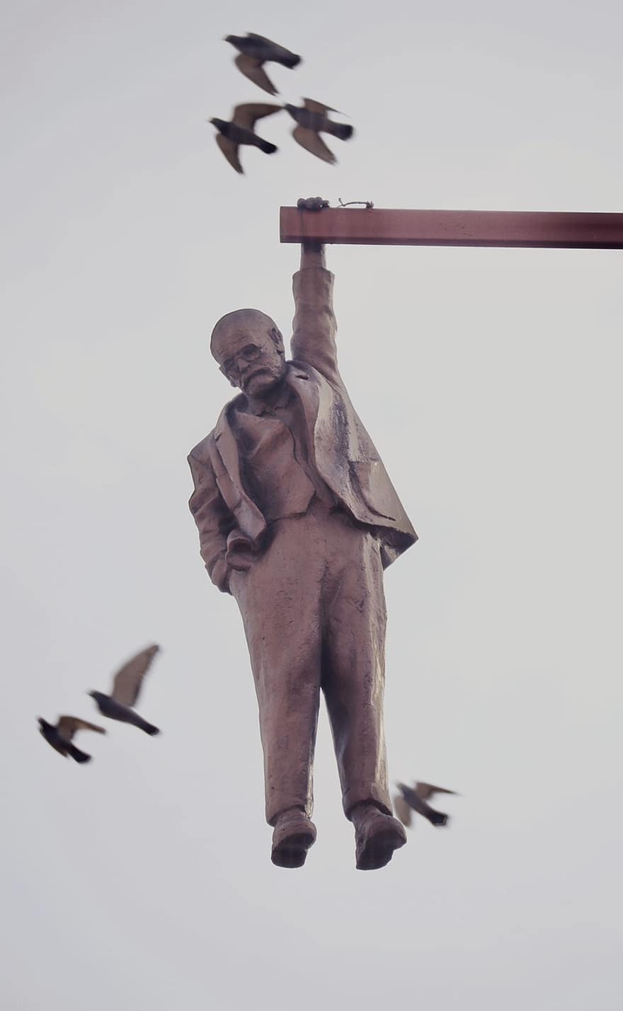 mand, statue, hængende, fugle, udholdenhed, prag