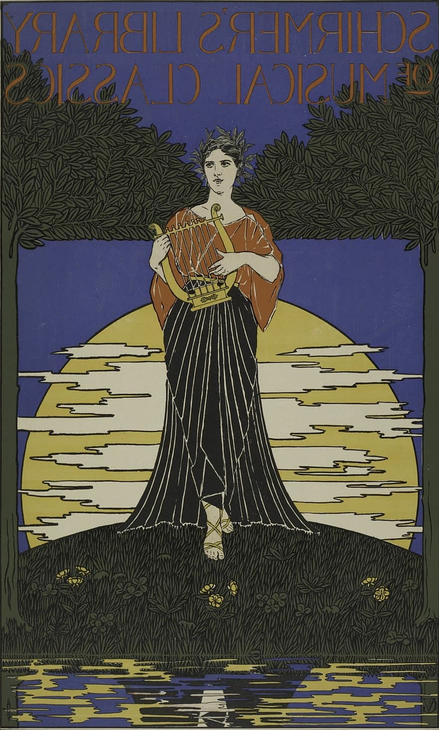 Woman, Harp, Moon, Lake, Reflection, Music, Poster