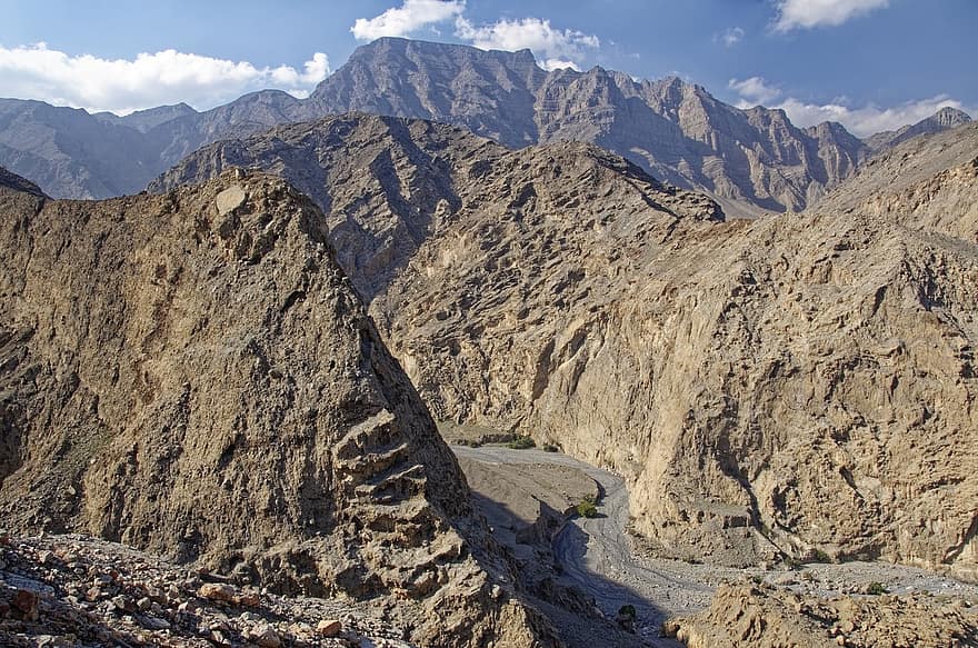 Oman, Musandam, Habinsel, exclave, maisema, Canyon Canyon, laakso, vuoret, luonto, taivas