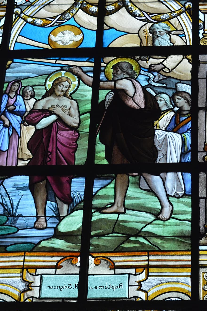vitrall, finestra, Església, el baptisme, jesús, cosí, Jean Baptiste, jordan, anells, homes