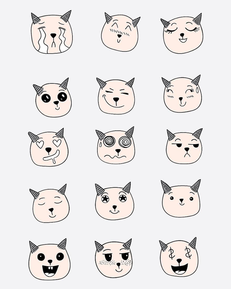katt, känslor, ikon, dekal, uppsättning, samling, rolig, tecknad serie, söt, sällskapsdjur, kattunge
