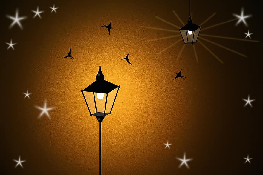 avondlucht, nachtelijke hemel, lantaarn, lamp, ster, vleermuizen