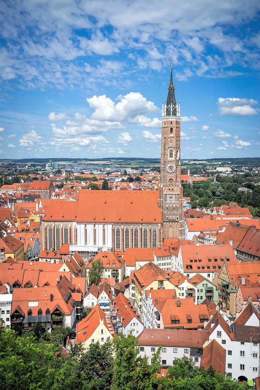kerk, kathedraal, gebouwen, oude stad, architectuur, landschap, geloof, Christendom, horizon, Landshut, Beieren
