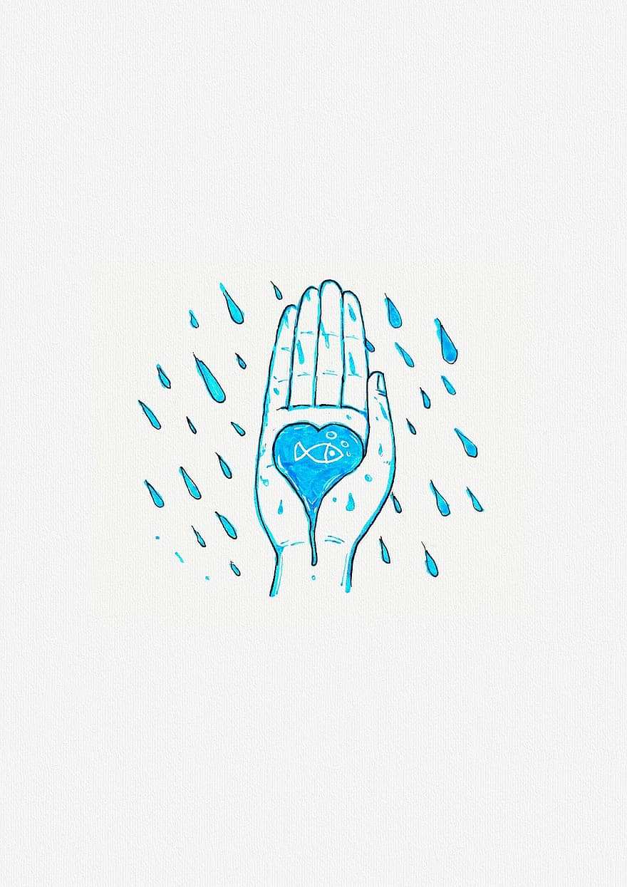 dłoń, serce, deszcz, krople deszczu, woda, miłość