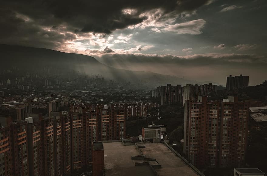 City, Buildings, Haze, Fog, Skyscrapers, Cityscape, Urban, Downtown, Metropolis, Sunlight, Dark