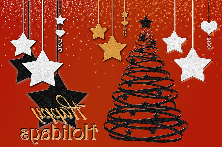 Happy, Holiday, Greeting, Card, Season, Christmas, Composing, Stars, Ornaments, Tree, Digital Manipulation