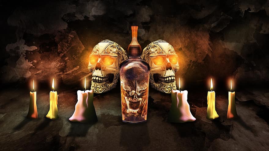 velas, ossos, caveiras, chamas, assustador, Horror, terror, cena, poção, garrafa, místico