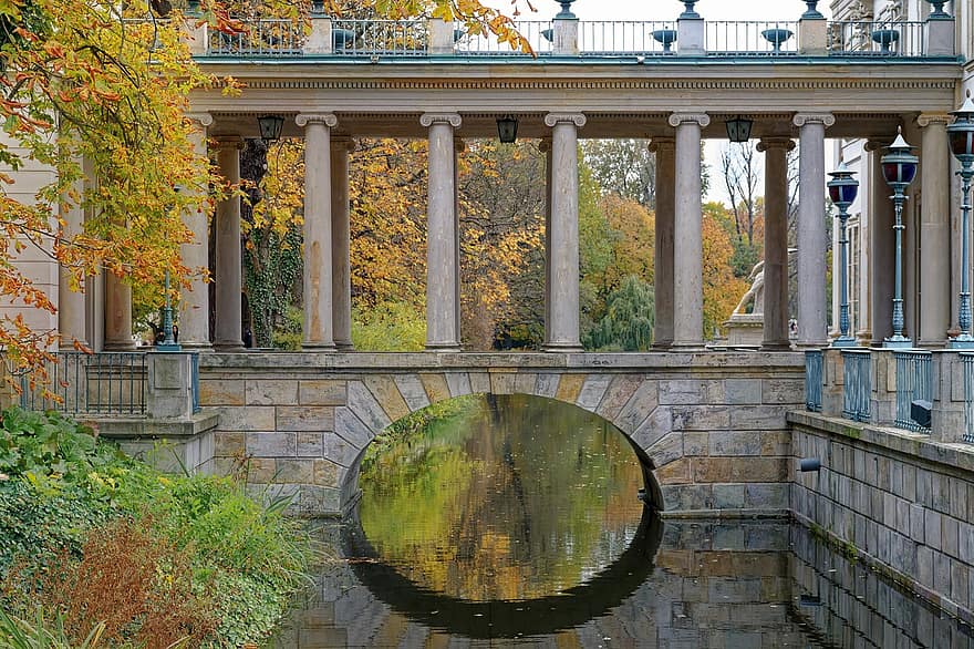 Building, Bridge, Lake, Columns, Fall, Autumn, Museum, Architecture, Water, leaf, tree