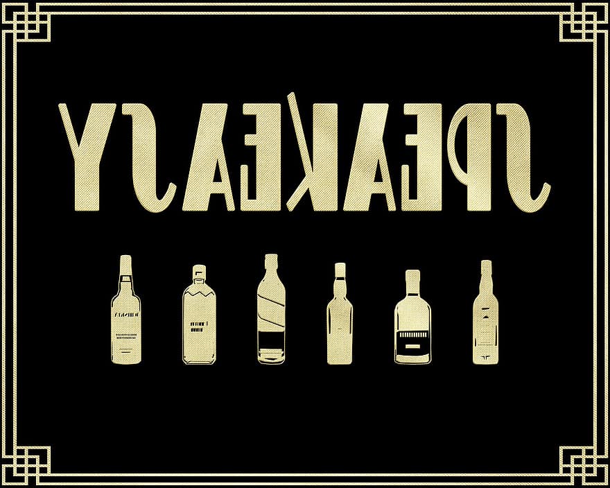 Goldenes 20er-Zeichen, speakeasy, Alkohol, Flapper, Deko, Cocktails, Schütze, Nostalgie, nostalgisch, Barhocker, Weihnachten