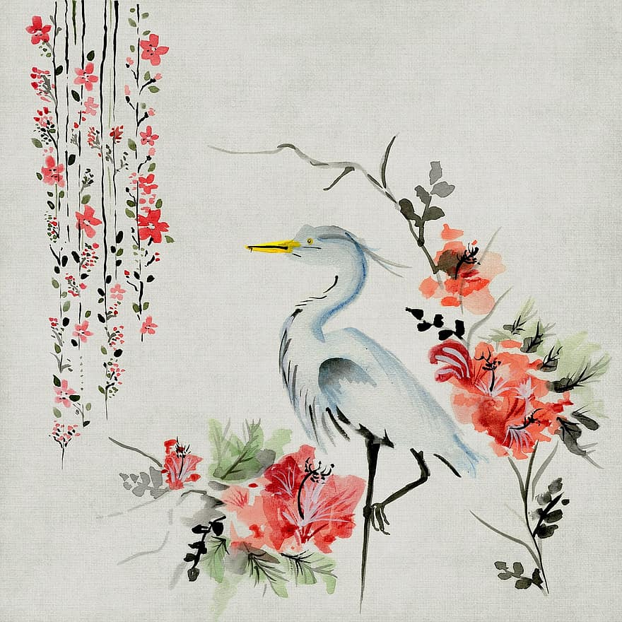 baggrund, scrapbog, papir, asiatisk, kran, fugl, grå, side, akvarel, Rose, natur