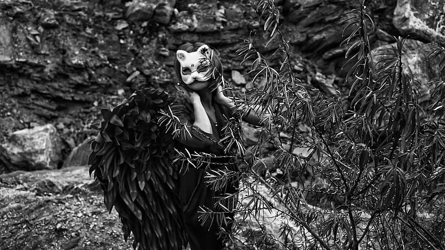 Mask, Monochrome, Cosplay, Cat, Nature, black and white, halloween, forest, portrait, animals in the wild, women