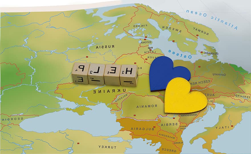 kaart, Oekraïne, helpen, harten, kaart van Europa, Europa, Oekraïense nationale kleuren, humanitaire hulp, solidariteit, Hart voor Oekraïne, Noodhulp