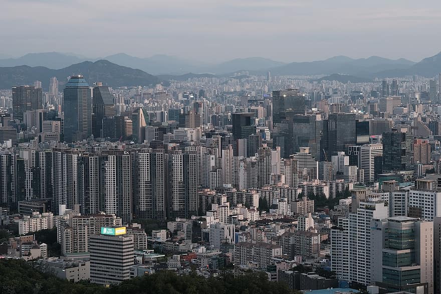 Miasto, zachód słońca, Seul, Budynki, sylwetka na tle nieba, wieczór, zmierzch, pejzaż miejski, wieżowiec, miejska linia horyzontu, architektura