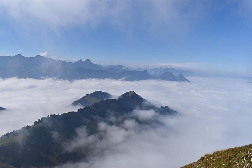 montanhas, névoa, caminhar, país, natureza, montanha, Pico da montanha, panorama, nuvem, céu, azul