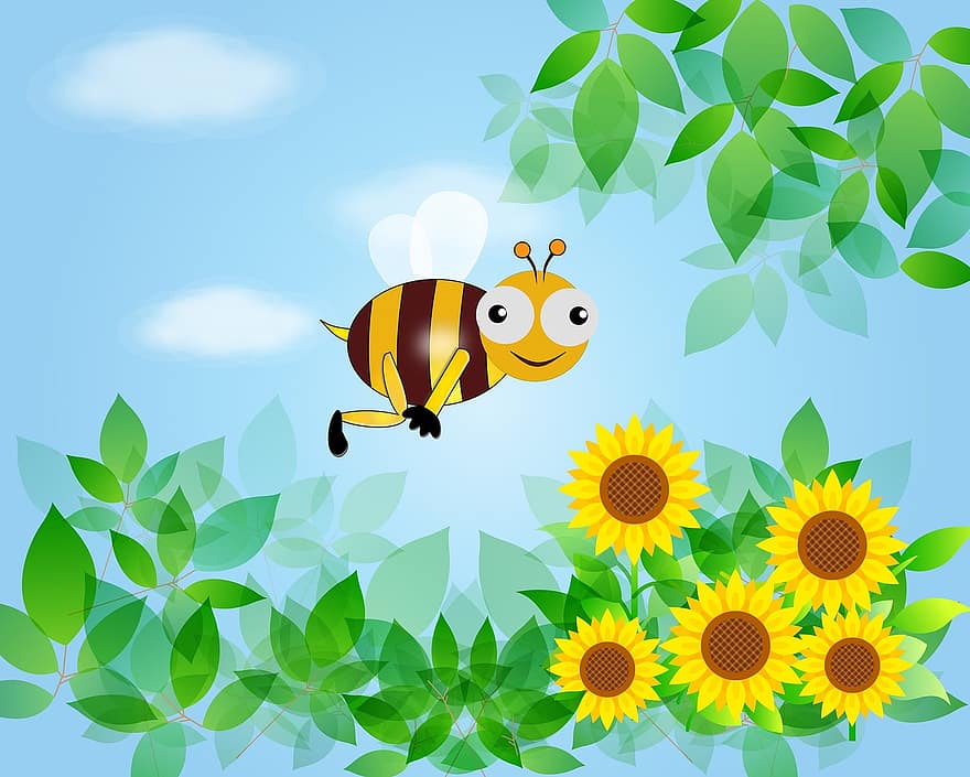 मधुमक्खी, प्रकृति, बच्चों का कमरा, कपोल कल्पित, बच्चे, शिशु, परिकथाएं, सूरजमुखी, हंसमुख, अच्छा मूड, आनंद