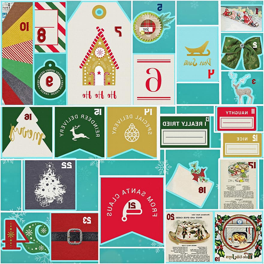 Advent kalender, digitaal papier, komst, Kerstmis, december, decoratie, vakantie, patroon, wit, groet, scrapbooking