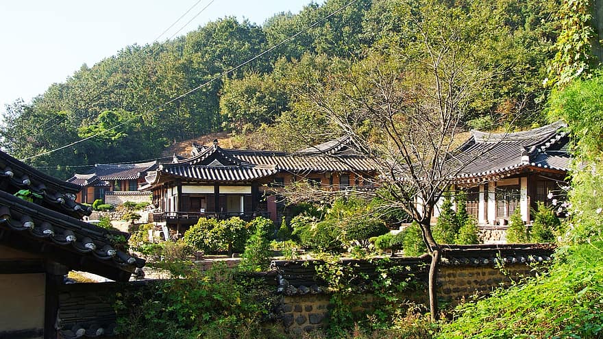 Budynki, domy, drzewa, andong, Jongtaek, Goseong Jong-taek, Natura, krajobraz, podróżować, architektura, kultury