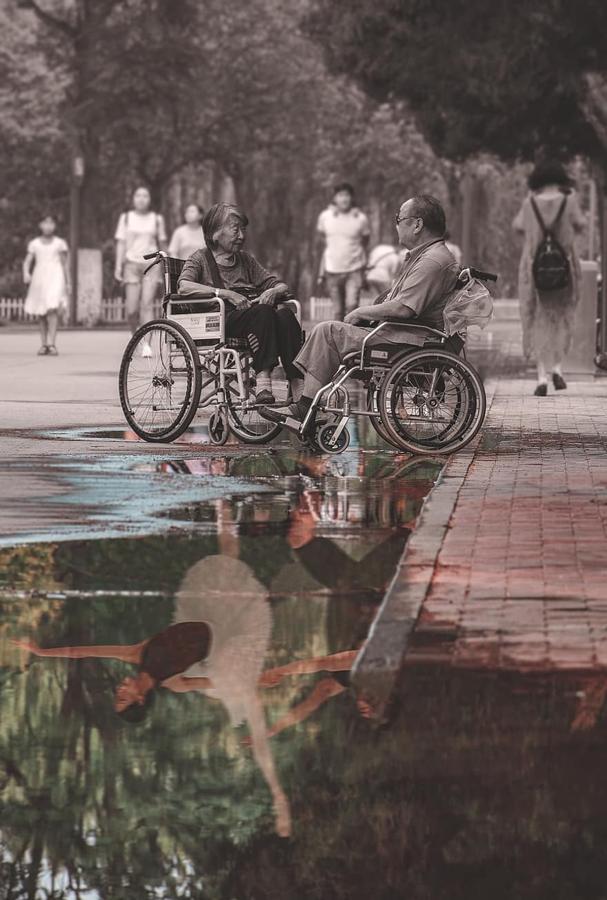 parque, cadeira de rodas, casal, amor