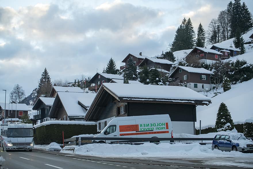Швейцария, зима, городок, деревня, природа, сельская местность