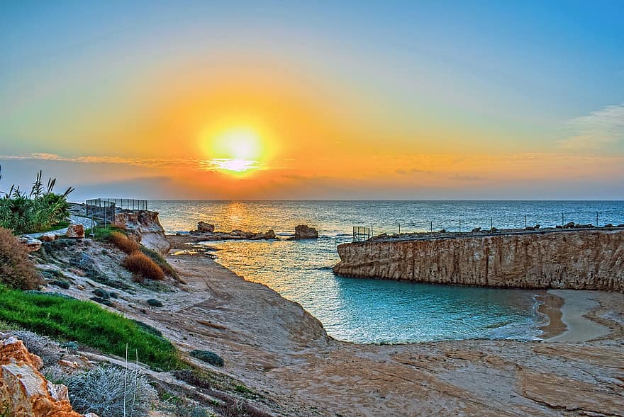Strand, hav, solnedgang, kyst, strandlinjen, natur, klipper, sandstrand, shore, ayia napa, Kypros