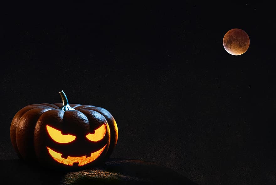 Luna, Halloween, zucca, buio, misterioso, jack-O'-lanterna, Luna Rossa, eclisse, spazio, astronomia