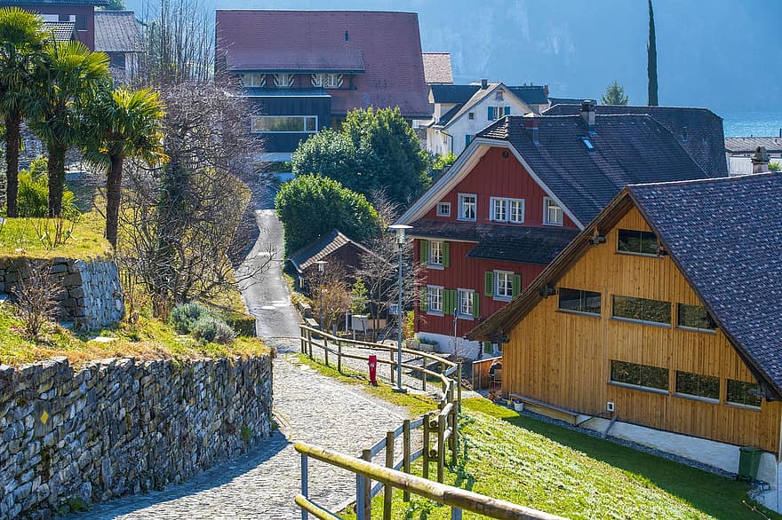 muntanyes, cases, poble, bauen, vierwaldstättersee, suïssa, arquitectura, sostre, exterior de l'edifici, escena rural, estructura construïda