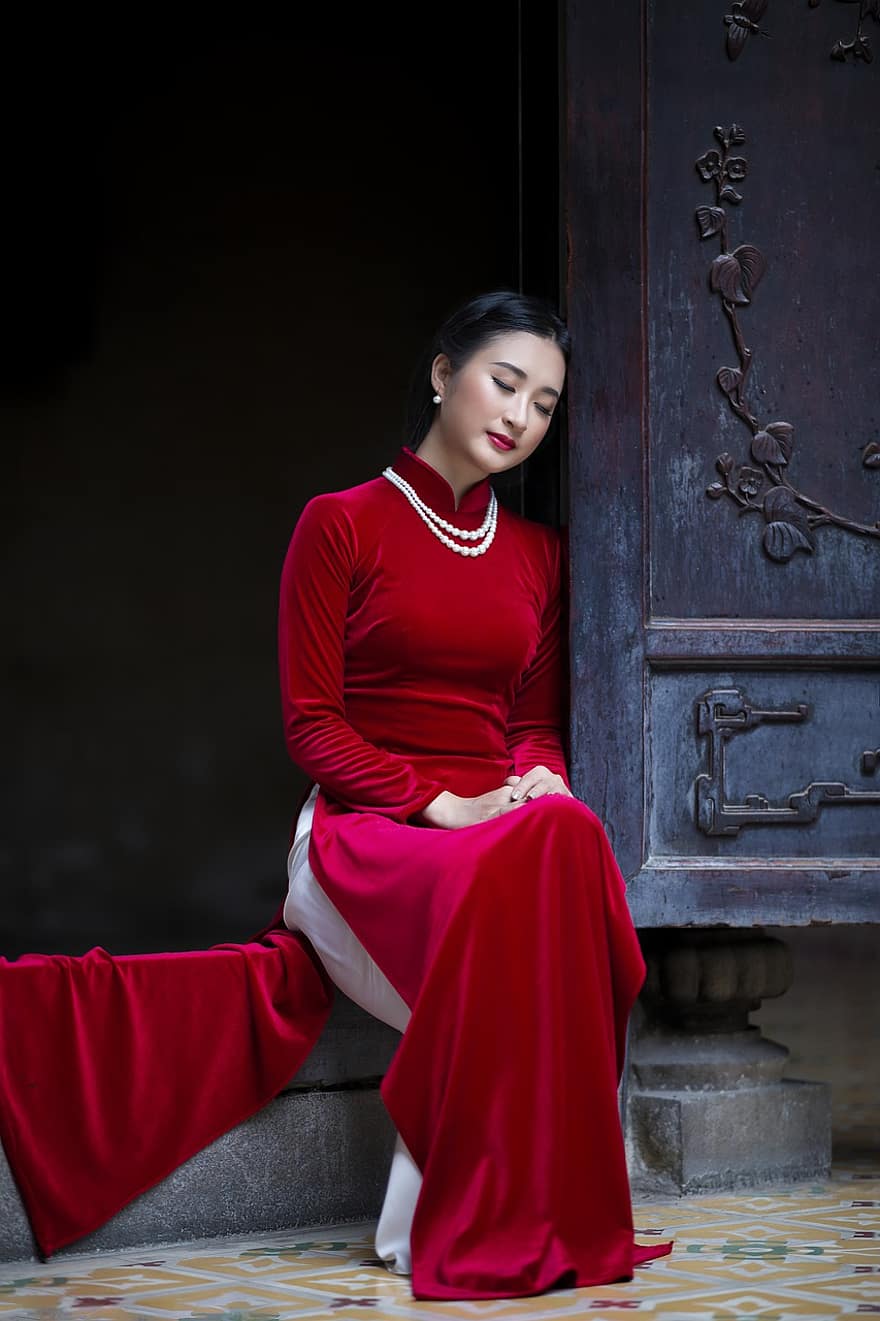 ao dai, mote, kvinne, vietnamesisk, Rød Ao Dai, Vietnam nasjonalkjole, tradisjonell, kjole, stil, skjønnhet, vakker