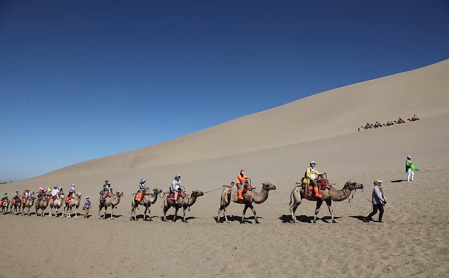 मिंग्शा माउंटेन, रेत के टीले गाते हुए, चीन, दुनहुआंग, रेगिस्तान, ऊंट