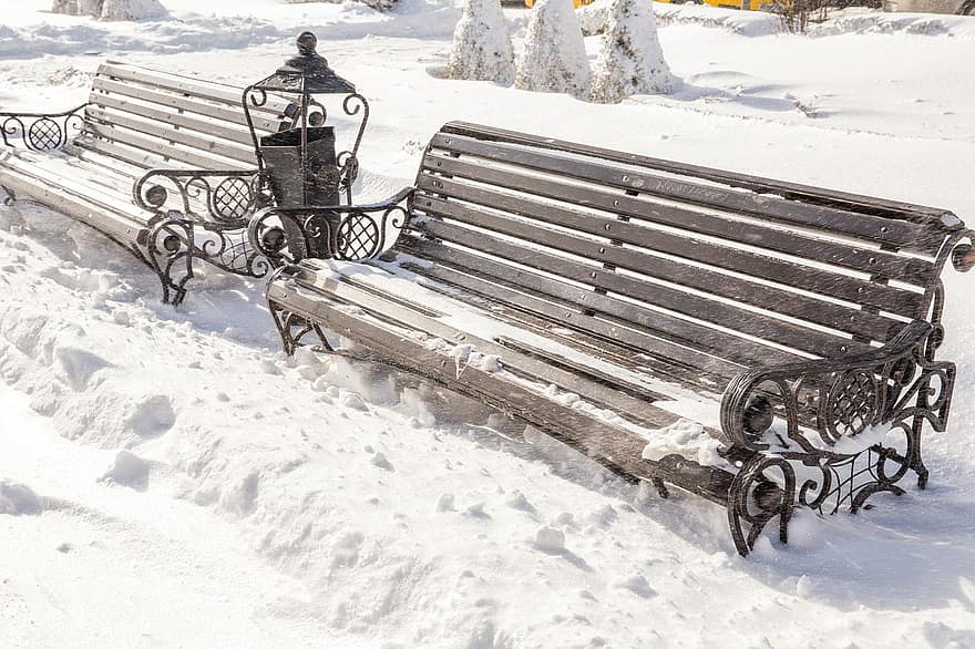 bänk, vinter-, snö, säsong, kall, frysta, sittplats, utomhus
