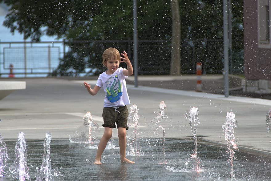 barn, fontene, parkere, gutt, spille, lykkelig, vann, moro, Urban, by, våt