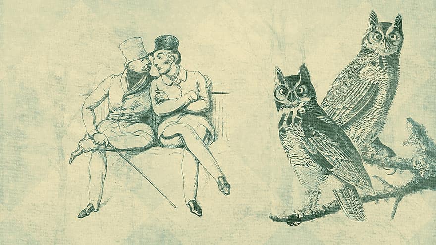 Owls, Gentlemen, Birds, Branches, People, Sitting, Talking, Gossip, Communication, Vintage, Retro