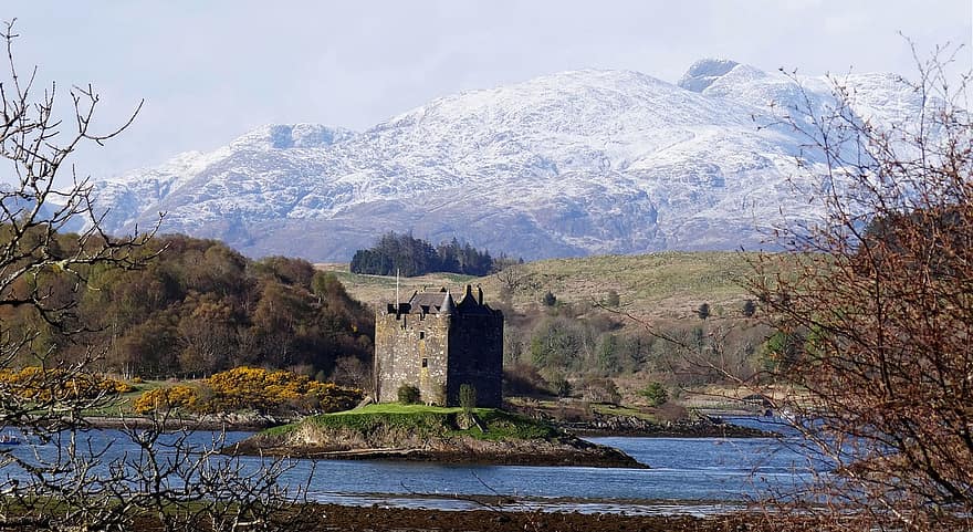 slott, sjö, bergen, skotsk, skottland, highlands, landskap