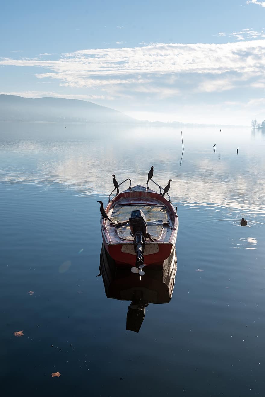 See, Boot, Kastoria, Natur, Griechenland, Landschaft, Wasser, Wasserfahrzeug, Sommer-, Reflexion, Blau