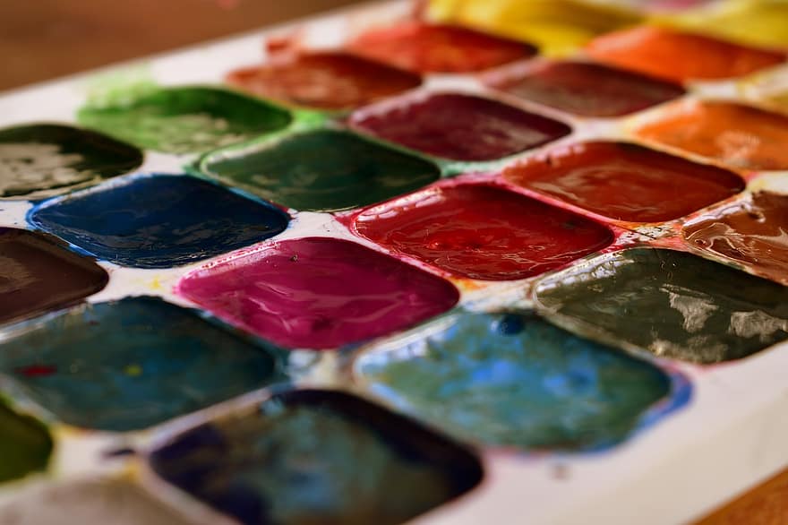 vannfarge, maling, Kunst, kreativitet, multi farget, farger, nærbilde, håndverket, blå, palett, akvarell maling