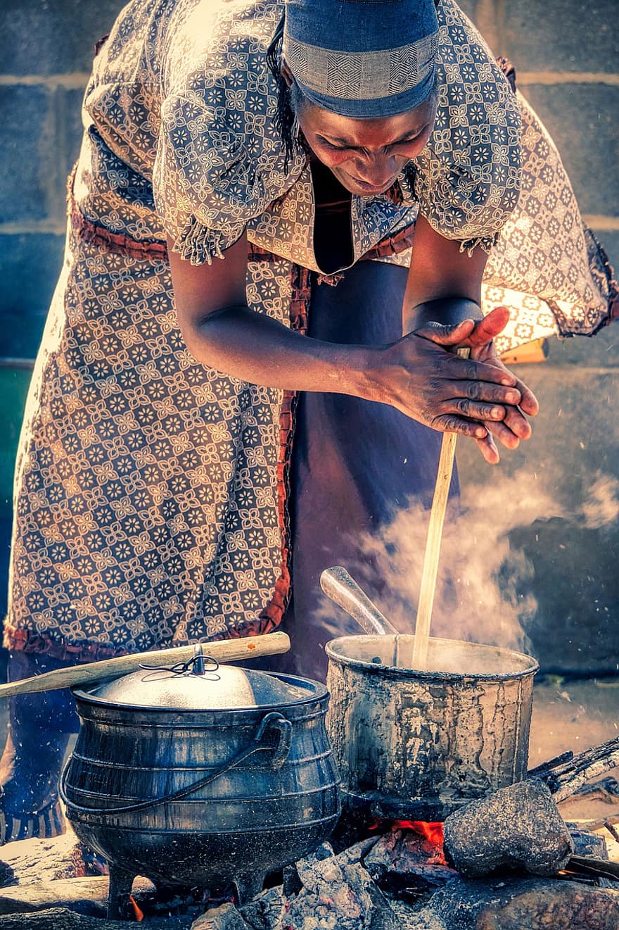 dona, africà, cuinar, dona africana, Dona ètnica, Zimbabwe, preparació d'aliments, remoure, femella, tradicionalment, roba