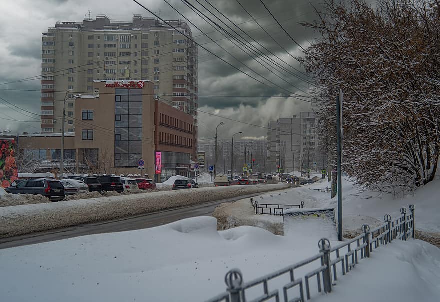 Winter, Road, City, Snow, Blizzard, Buildings, Cars, Outdoors, Urban, Weather, traffic