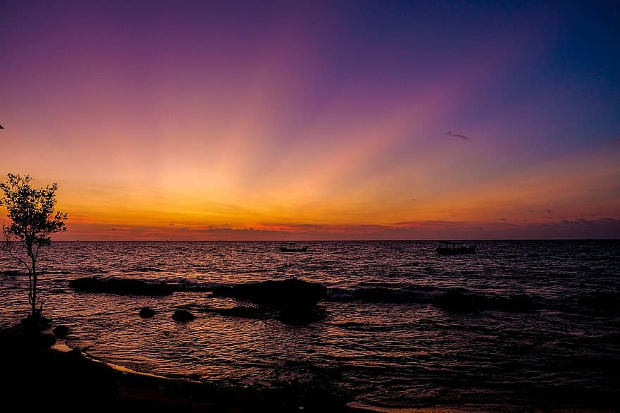 mar, Oceano, olas, puesta de sol, abandonado, crepúsculo, noche, horizonte, Foto de Fujil