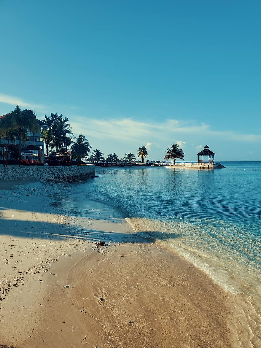 pludmale, jamaica, salu, paradīze, brīvdienas, vasarā, smiltis, tropu klimats, krasta līnija, ūdens, zils