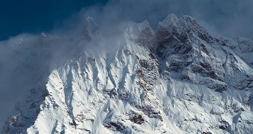 산, 눈, 알프스 산맥, 피크, 안개, 겨울, 구름, облака, зима, гора, снег