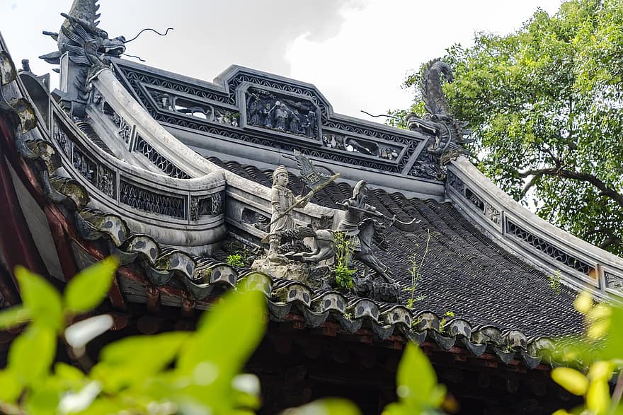 Dach, traditionell, Chinesisch, China, Tradition, Skulptur, Statue, Soldat, Drachen, shanghai, Stadt
