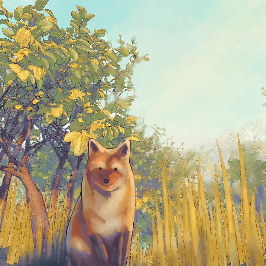 Fox, Forest, Drawing, Grass, Tree, Animal, Canine, Wildlife, Mammal, autumn, illustration